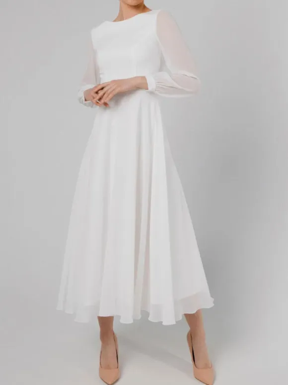 White Simple Causal Wedding Dress A-Line Jewel Neck Long Sleeves Ankle-Length Zipper Chiffon Bridal Gowns Free Customization