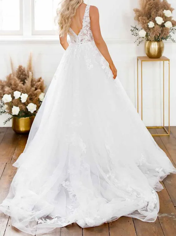White Simple Lace Wedding Dress V-Neck Sleeveless Backless A-Line Bridal Dresses Free Customization