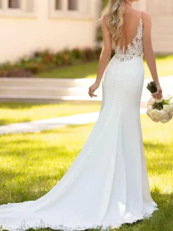 White Simple Mermaid Wedding Dress V-Neck Sleeveless Backless Lace Bridal Gowns Free Customization
