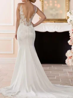 White Simple Mermaid Wedding Dress V-Neck Sleeveless Backless Lace Bridal Gowns Free Customization