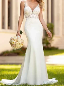 White Simple Mermaid Wedding Dress V-Neck Sleeveless Backless Lace Bridal Gowns Free Customization