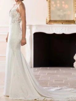 White Simple Mermaid Wedding Dress V-Neck Sleeveless Backless Lace Bridal Gowns Free Customization