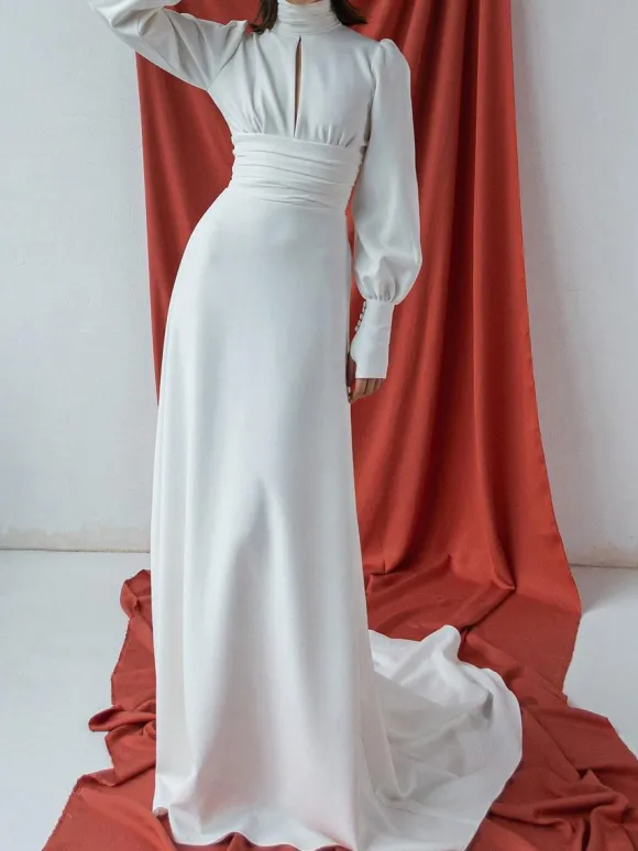 White Simple Mermaid Wedding Dress Elastic Silk Like Satin High Collar Long Sleeves Cut Out A-Line Bridal Gowns Free Customization