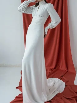 White Simple Mermaid Wedding Dress Elastic Silk Like Satin High Collar Long Sleeves Cut Out A-Line Bridal Gowns Free Customization