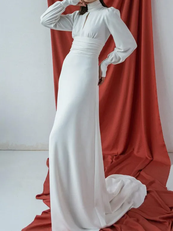 White Simple Mermaid Wedding Dress Elastic Silk Like Satin High Collar Long Sleeves Cut Out A-Line Bridal Gowns Free Customization
