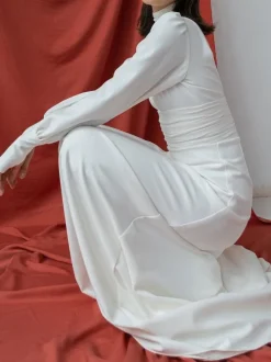 White Simple Mermaid Wedding Dress Elastic Silk Like Satin High Collar Long Sleeves Cut Out A-Line Bridal Gowns Free Customization