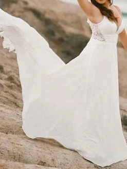 White Simple Wedding Dress A-Line V-Neck Stripes Neck Sleeveless Backless Lace Bridal Dresses Free Customization
