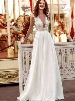 White Simple Wedding Dress A-Line Court Train V-Neckline line Sleeveless Chiffon Lace Bridal Dresses Free Customization