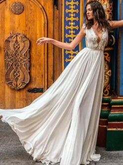 White Simple Wedding Dress A-Line Court Train V-Neckline line Sleeveless Chiffon Lace Bridal Dresses Free Customization