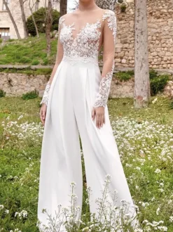 White Simple Wedding Jumpsuit Lace V-Neck Long Sleeves Stretch Crepe A-Line Bridal Jumpsuits Free Customization