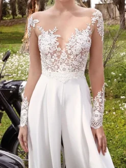 White Simple Wedding Jumpsuit Lace V-Neck Long Sleeves Stretch Crepe A-Line Bridal Jumpsuits Free Customization