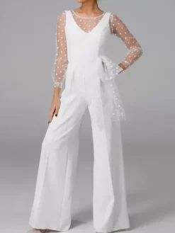 White Simple Wedding Jumpsuit V Neck Long Sleeves Bows Bridal Jumpsuits Free Customization