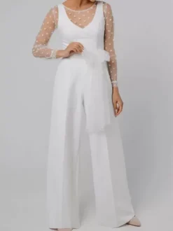 White Simple Wedding Jumpsuit V Neck Long Sleeves Bows Bridal Jumpsuits Free Customization