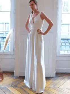 White Simple Wedding Jumpsuit Stretch Crepe V-Neck Sleeveless A-Line Bridal Jumpsuits Free Customization