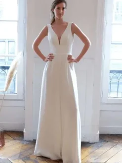 White Simple Wedding Jumpsuit Stretch Crepe V-Neck Sleeveless A-Line Bridal Jumpsuits Free Customization