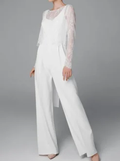 White Simple Wedding Jumpsuit A-Line Jewel Neck Long Sleeves Stretch Crepe Bridal Jumpsuits Free Customization