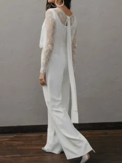 White Simple Wedding Jumpsuit A-Line Jewel Neck Long Sleeves Stretch Crepe Bridal Jumpsuits Free Customization