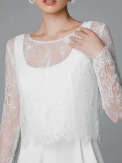 White Simple Wedding Jumpsuit A-Line Jewel Neck Long Sleeves Stretch Crepe Bridal Jumpsuits Free Customization