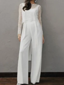 White Simple Wedding Jumpsuit A-Line Jewel Neck Long Sleeves Stretch Crepe Bridal Jumpsuits Free Customization
