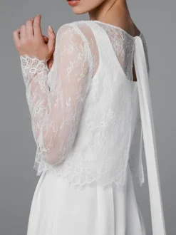 White Simple Wedding Jumpsuit A-Line Jewel Neck Long Sleeves Stretch Crepe Bridal Jumpsuits Free Customization