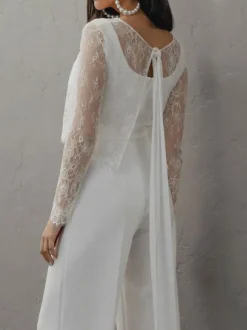 White Simple Wedding Jumpsuit A-Line Jewel Neck Long Sleeves Stretch Crepe Bridal Jumpsuits Free Customization
