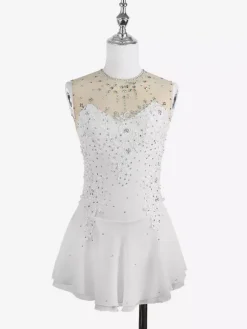 White Skating Dress Sleeveless Beaded Women And Girl Ice Skater Dress