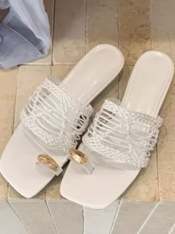 White Summer Slides Ring Loop Fishnet Backless Sandal Shoes