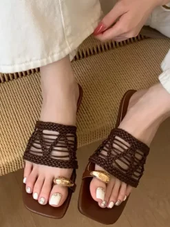 White Summer Slides Ring Loop Fishnet Backless Sandal Shoes