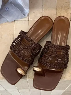 White Summer Slides Ring Loop Fishnet Backless Sandal Shoes