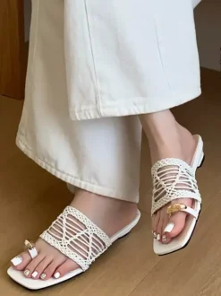 White Summer Slides Ring Loop Fishnet Backless Sandal Shoes