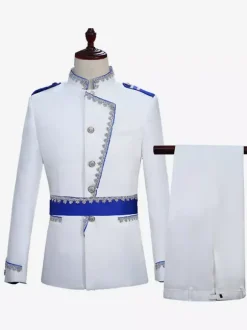 White Vintage Set Retro Polyester Buttons Ruffles Color Block Long Sleeves Retro Costumes For Man