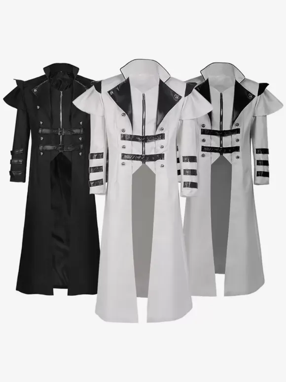 White Vintage Top Retro Grommets Long Sleeves Medieval Palace Banquet Wear Zipper Long Gothic Coat
