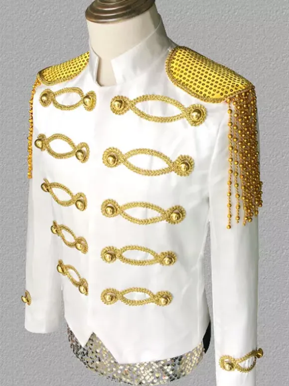 White Vintage Top Vintage Polyester Sequins Chains Long Sleeves Retro Costumes For Man