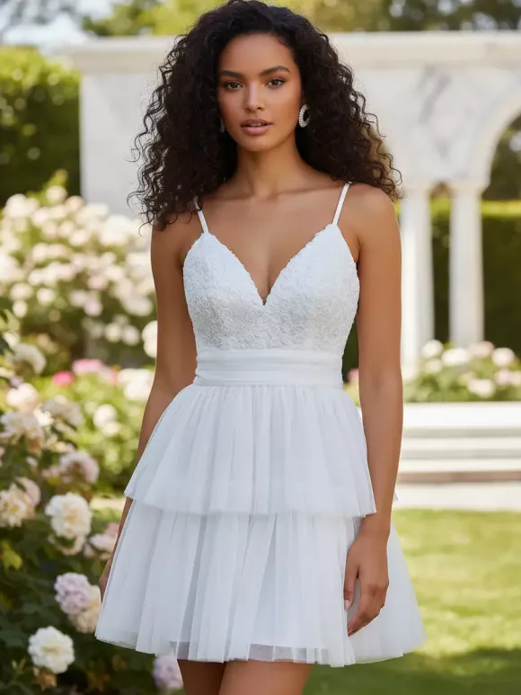 White V-Neck Mini Slip Dress With Flowers For Party 2026
