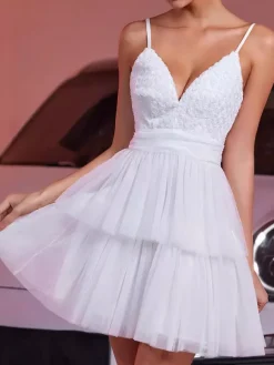 White V-Neck Mini Slip Dress With Flowers For Party 2026
