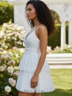 White V-Neck Mini Slip Dress With Flowers For Party 2026