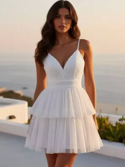 White V-Neck Mini Slip Dress With Flowers For Party 2026