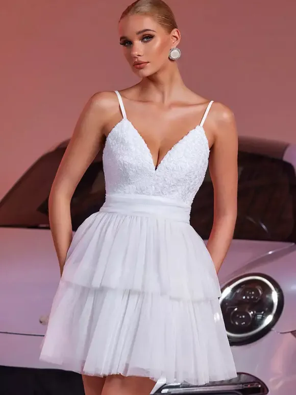 White V-Neck Mini Slip Dress With Flowers For Party 2026