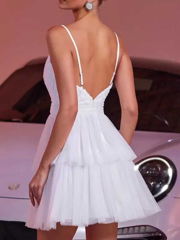 White V-Neck Mini Slip Dress With Flowers For Party 2026