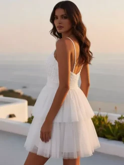 White V-Neck Mini Slip Dress With Flowers For Party 2026