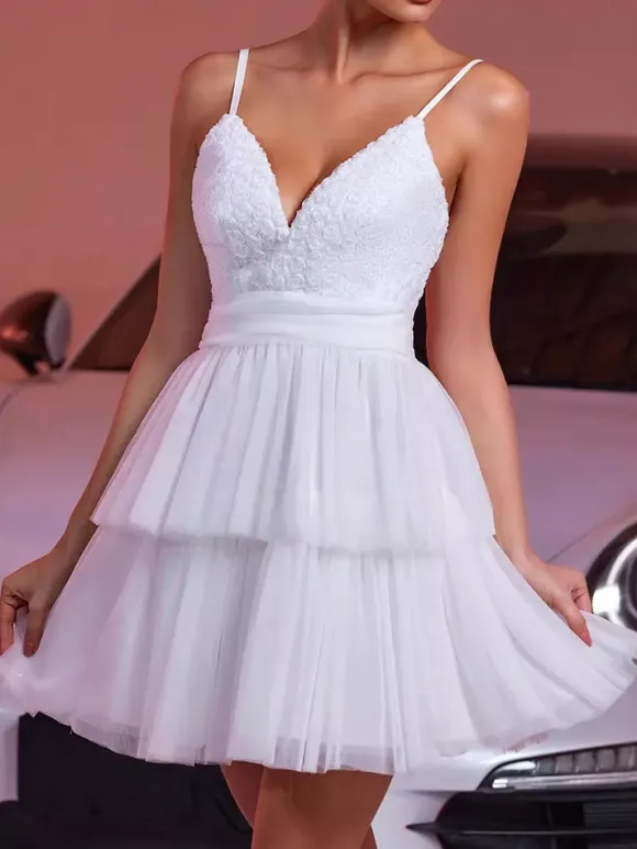 White V-Neck Mini Slip Dress With Flowers For Party 2026