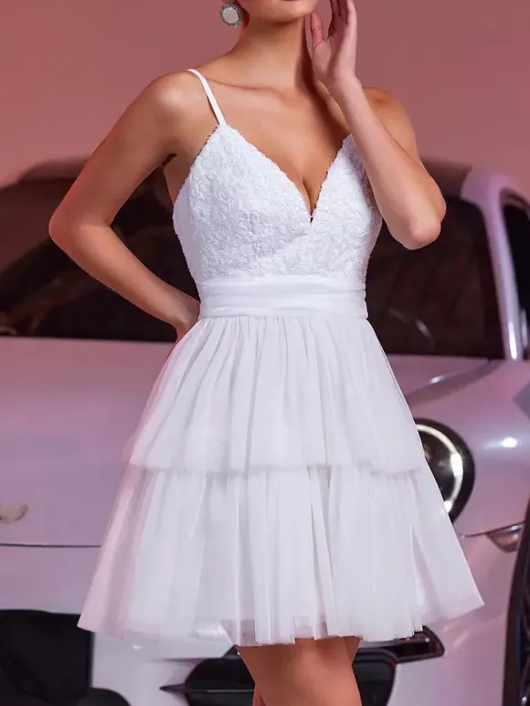 White V-Neck Mini Slip Dress With Flowers For Party 2026