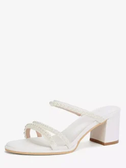 White Wedding Mules Open Toe Pearls Chunky Heel Bridesmaid Shoes