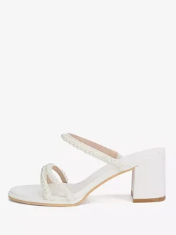 White Wedding Mules Open Toe Pearls Chunky Heel Bridesmaid Shoes