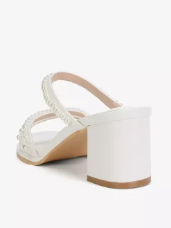 White Wedding Mules Open Toe Pearls Chunky Heel Bridesmaid Shoes