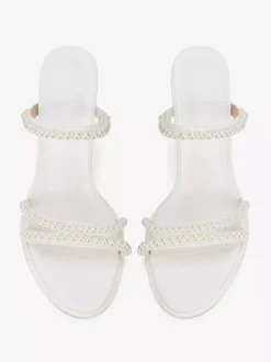 White Wedding Mules Open Toe Pearls Chunky Heel Bridesmaid Shoes