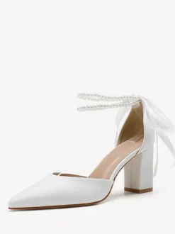 White Wedding Shoes Block Heel Pearls Pointed Toe Bridal Pumps