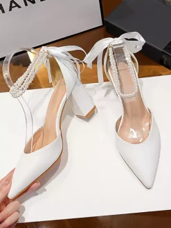 White Wedding Shoes Block Heel Pearls Pointed Toe Bridal Pumps