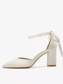White Wedding Shoes Block Heel Pearls Pointed Toe Bridal Pumps