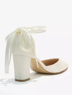 White Wedding Shoes Block Heel Pearls Pointed Toe Bridal Pumps
